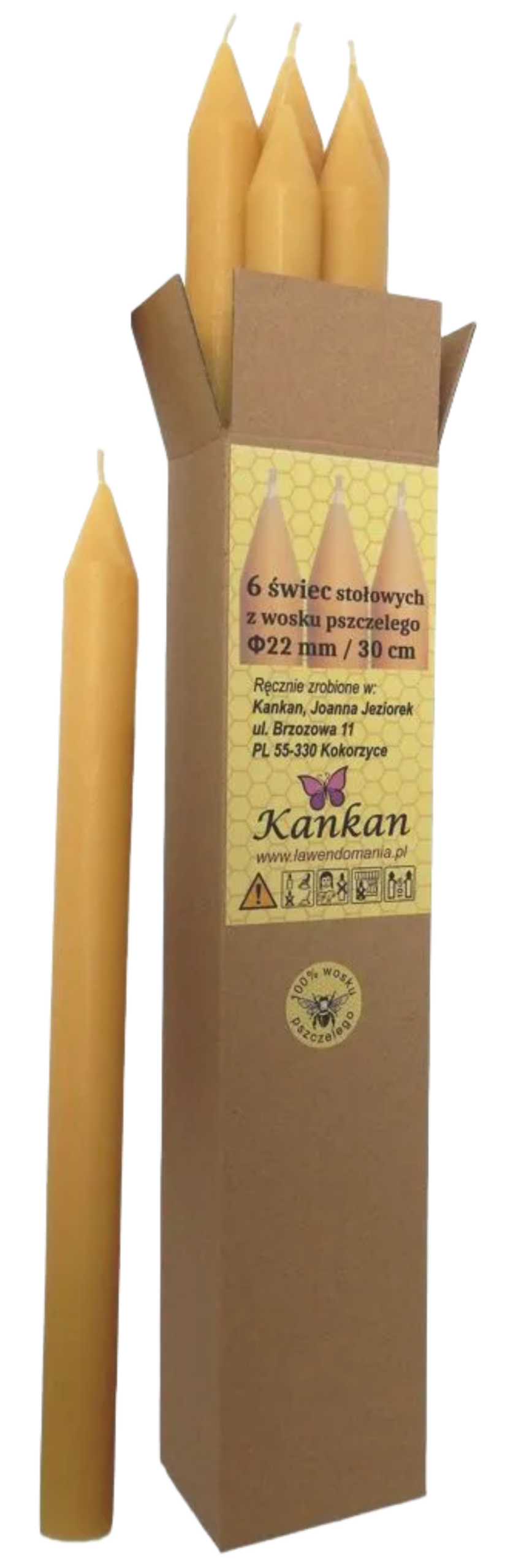 Tafelkerze aus Bienenwachs, Ø 2,2 × 30 cm – 6 Stück
