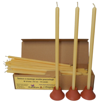 Dünne Kirchenkerze aus Bienenwachs, Ø 10 mm × 25 cm – 54 Stück + 3 Halter
