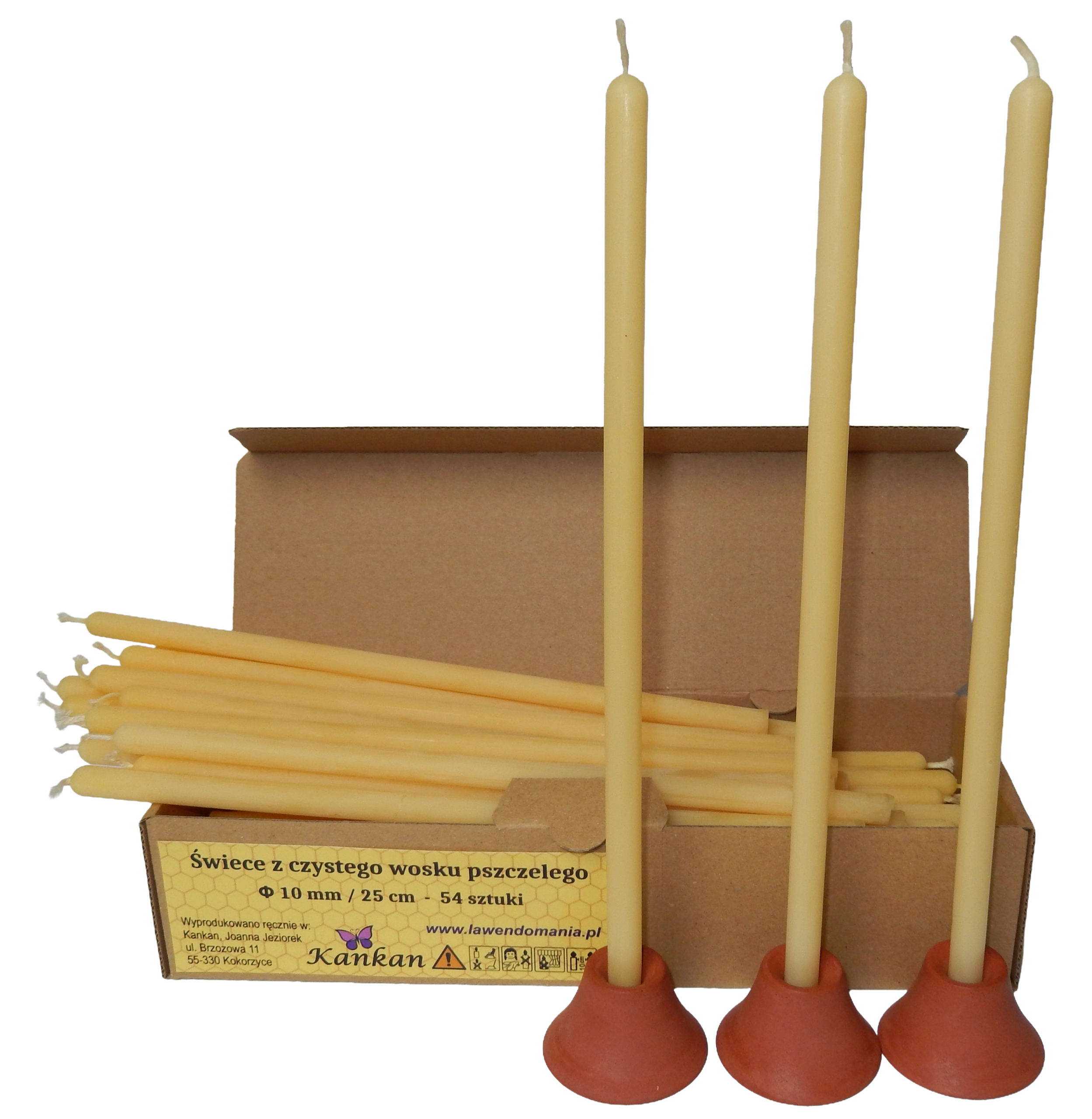 Dünne Kirchenkerze aus Bienenwachs, Ø 10 mm × 25 cm – 54 Stück + 3 Halter