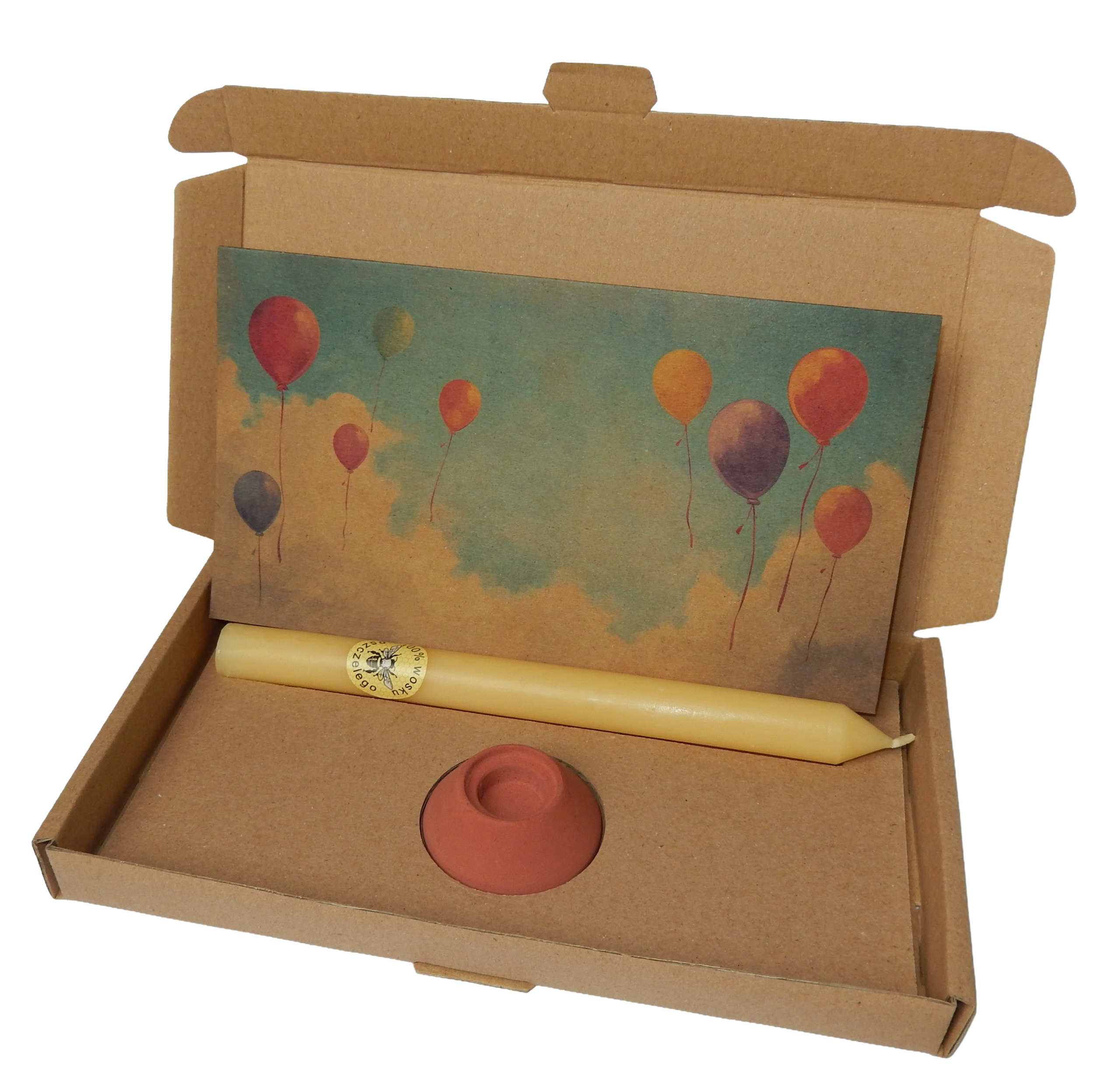 Wärme-Geschenkbox – Bienenkerze, Halter & Karte „Bunte Luftballons"
