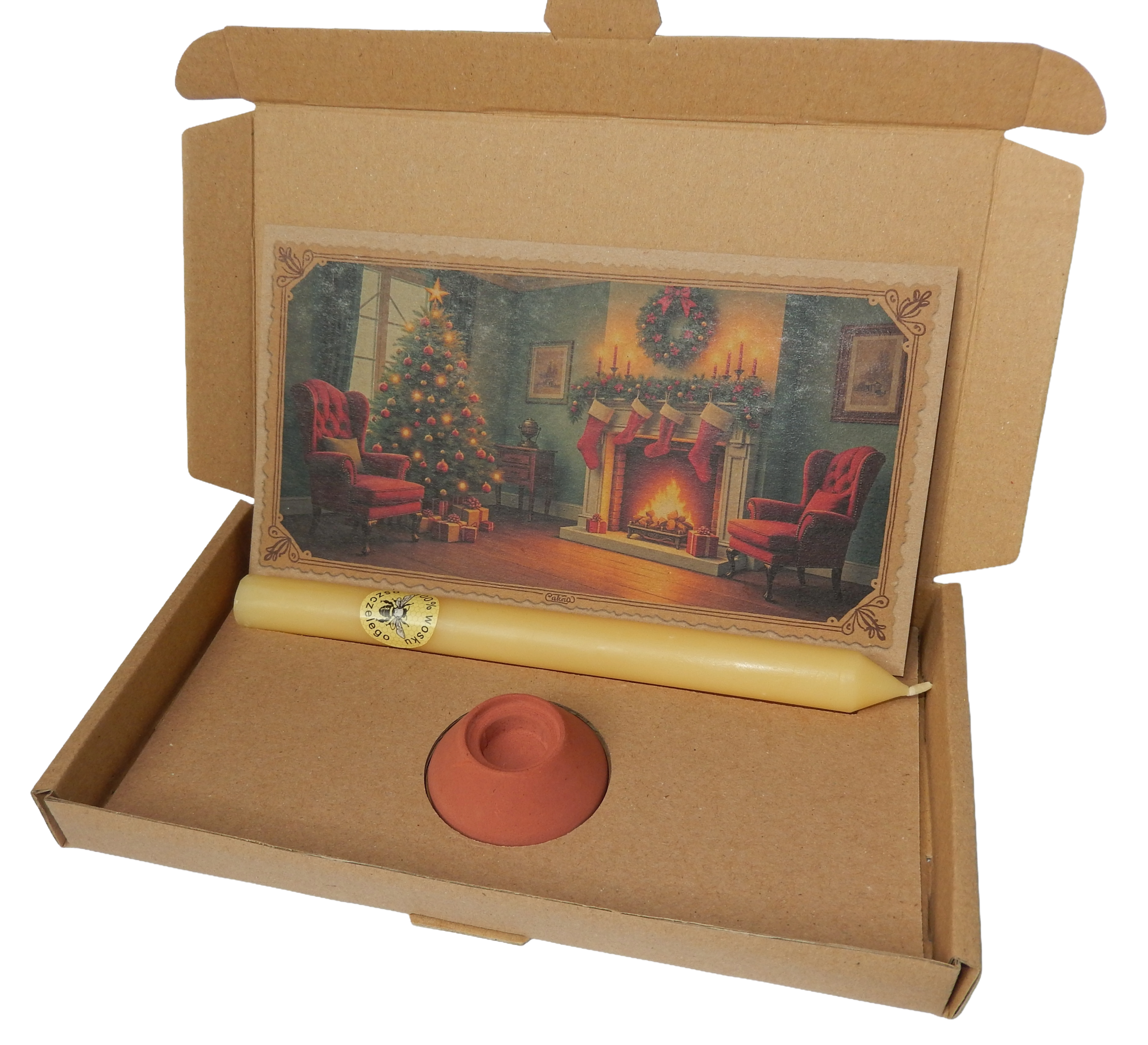 Wärme-Geschenkbox – Bienenkerze, Halter & Karte „Weihnachtsbaum"