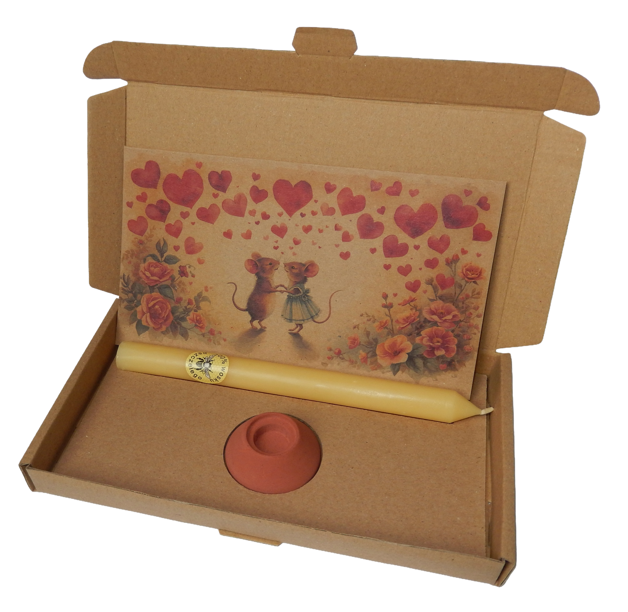Wärme-Geschenkbox – Bienenkerze, Halter & Karte „Mäuse und Herzen"