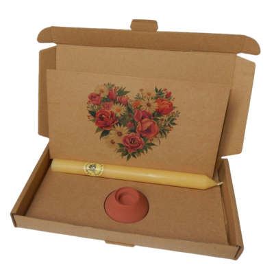 Wärme-Geschenkbox – Bienenkerze, Halter & Karte „Blumenherz"