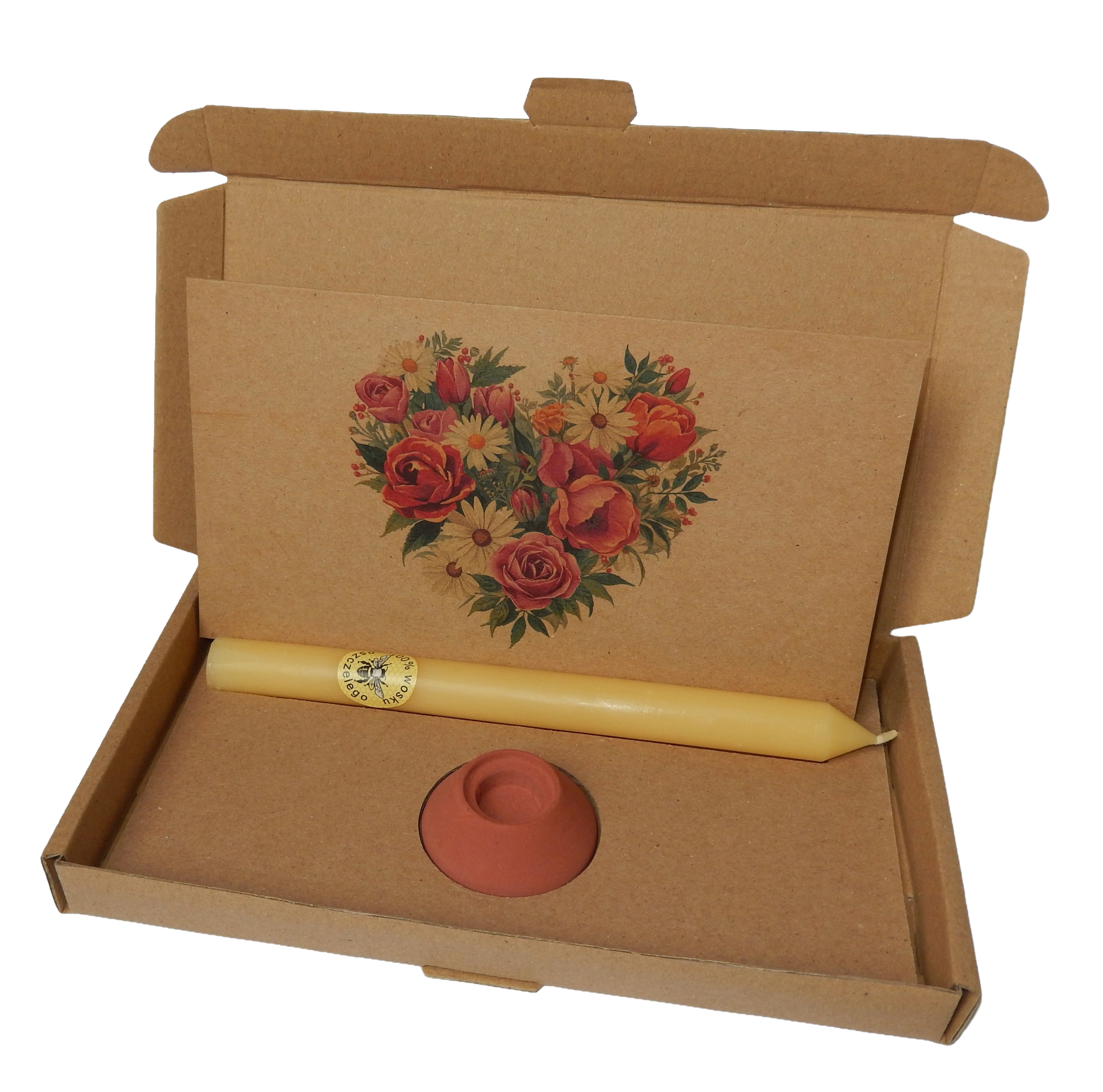 Wärme-Geschenkbox – Bienenkerze, Halter & Karte „Blumenherz"