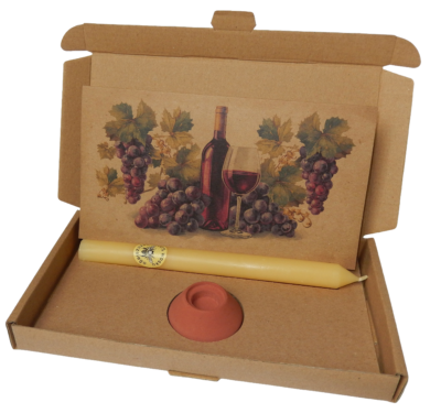 Wärme-Geschenkbox – Bienenkerze, Halter & Karte „Wein und Trauben"
