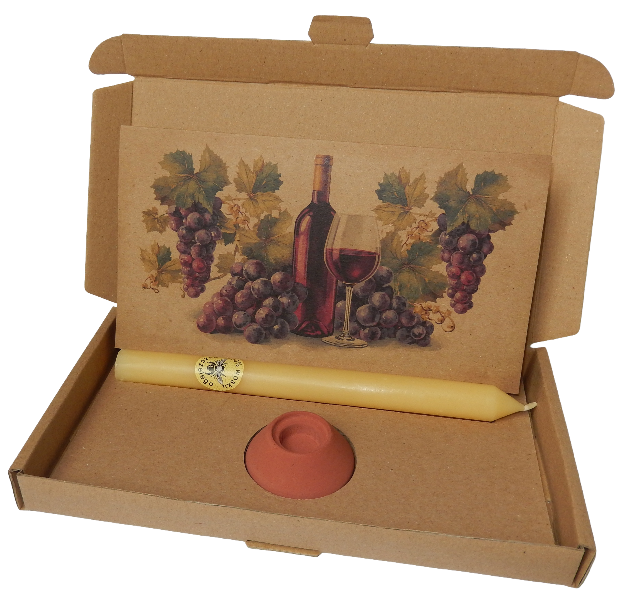 Wärme-Geschenkbox – Bienenkerze, Halter & Karte „Wein und Trauben"