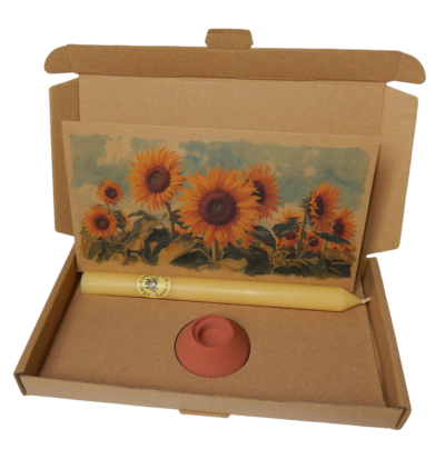 Wärme-Geschenkbox – Bienenkerze, Halter & Karte „Sonnenblumen"