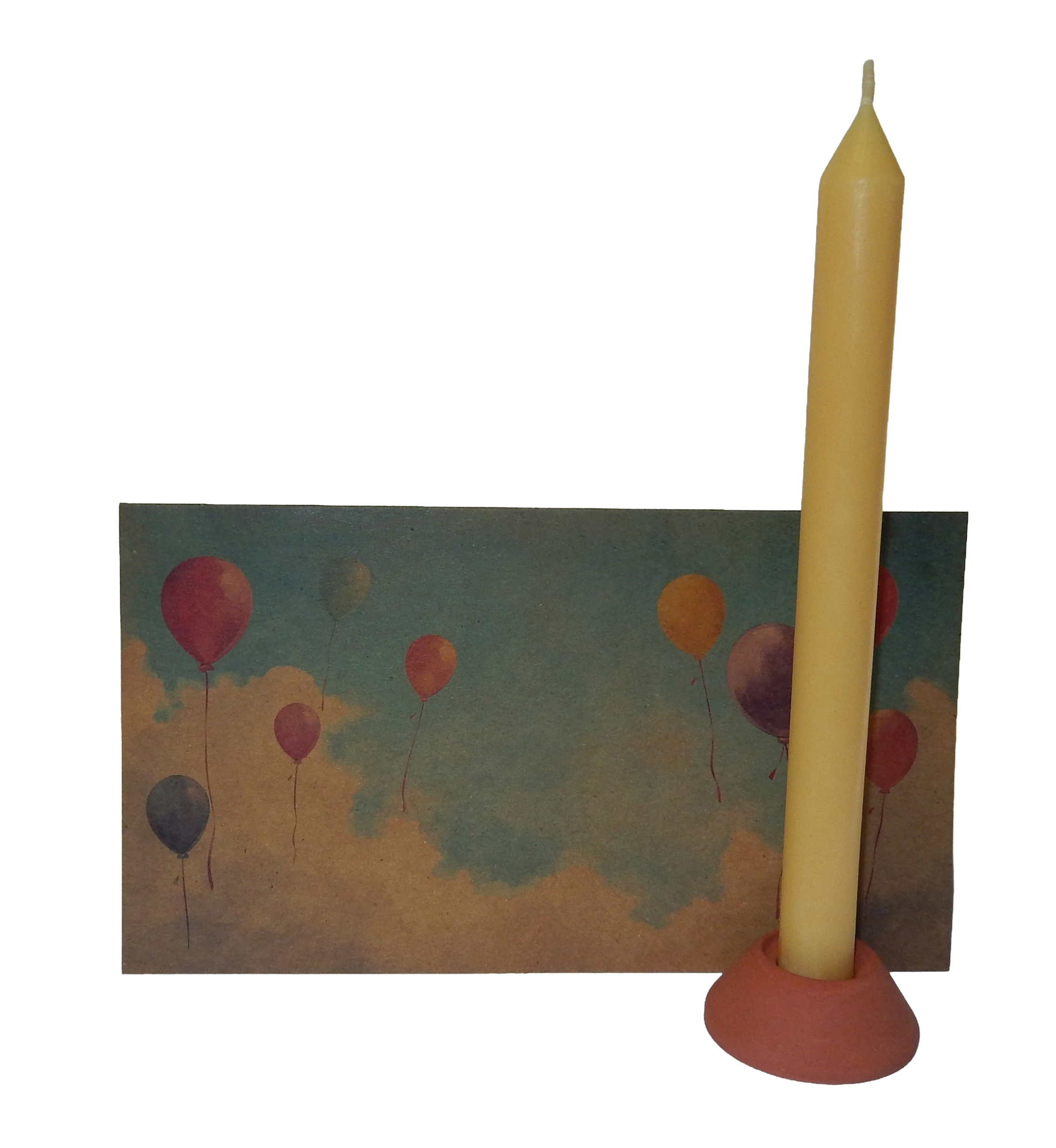 Wärme-Geschenkbox – Bienenkerze, Halter & Karte „Bunte Luftballons"