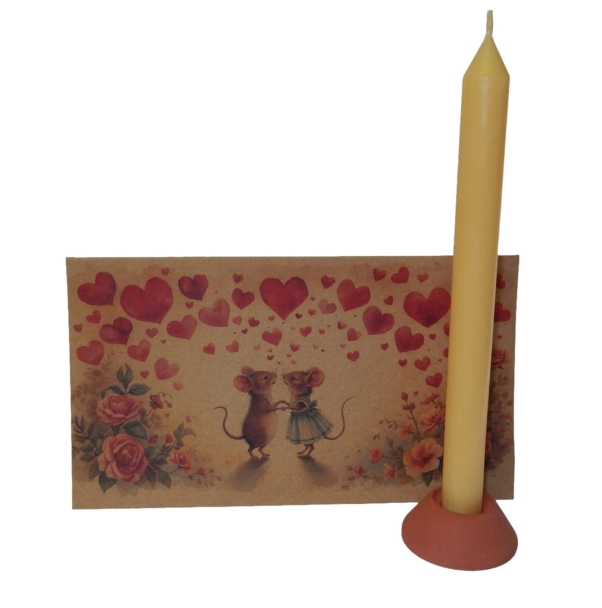 Wärme-Geschenkbox – Bienenkerze, Halter & Karte „Mäuse und Herzen"