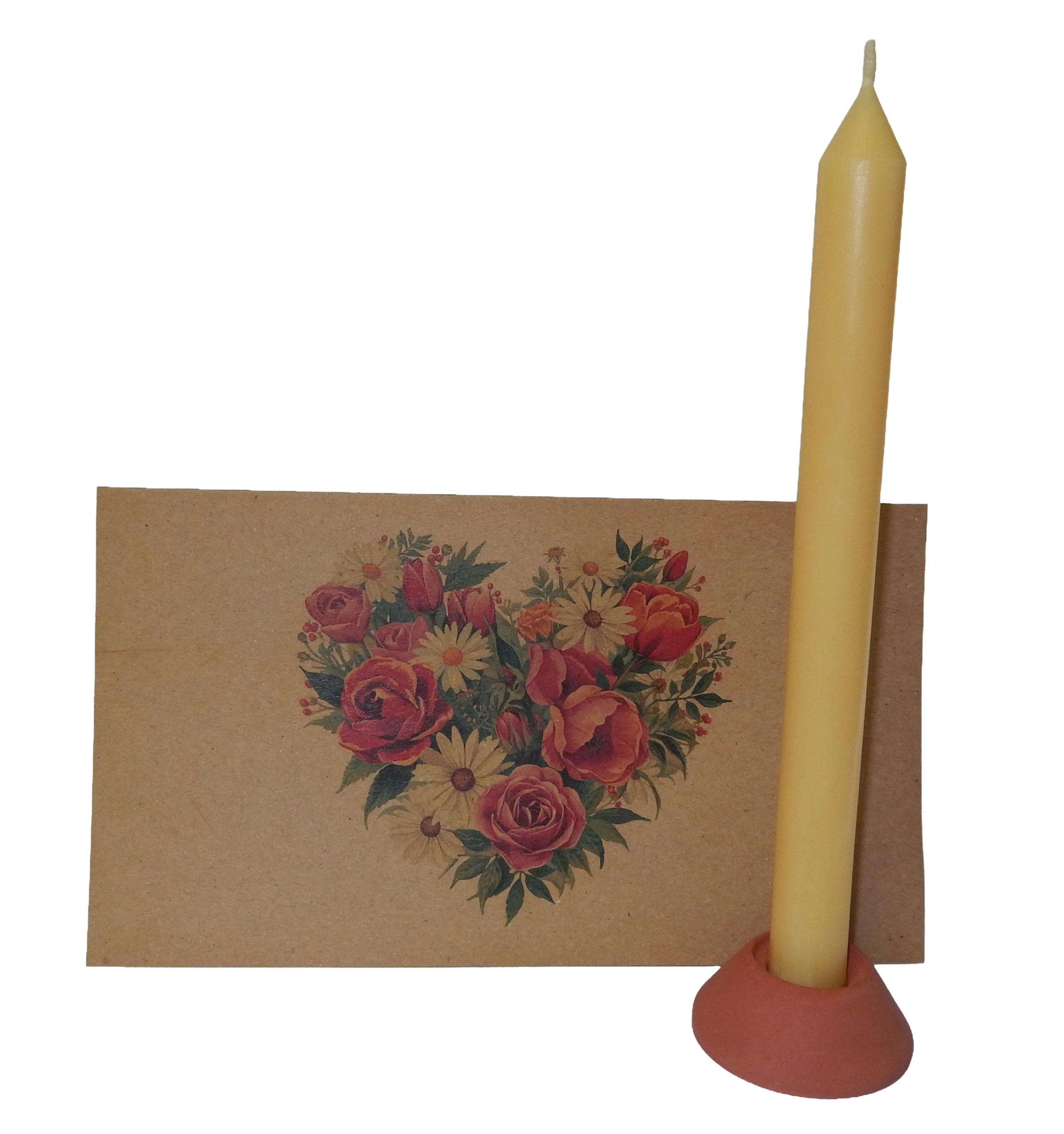 Wärme-Geschenkbox – Bienenkerze, Halter & Karte „Blumenherz"