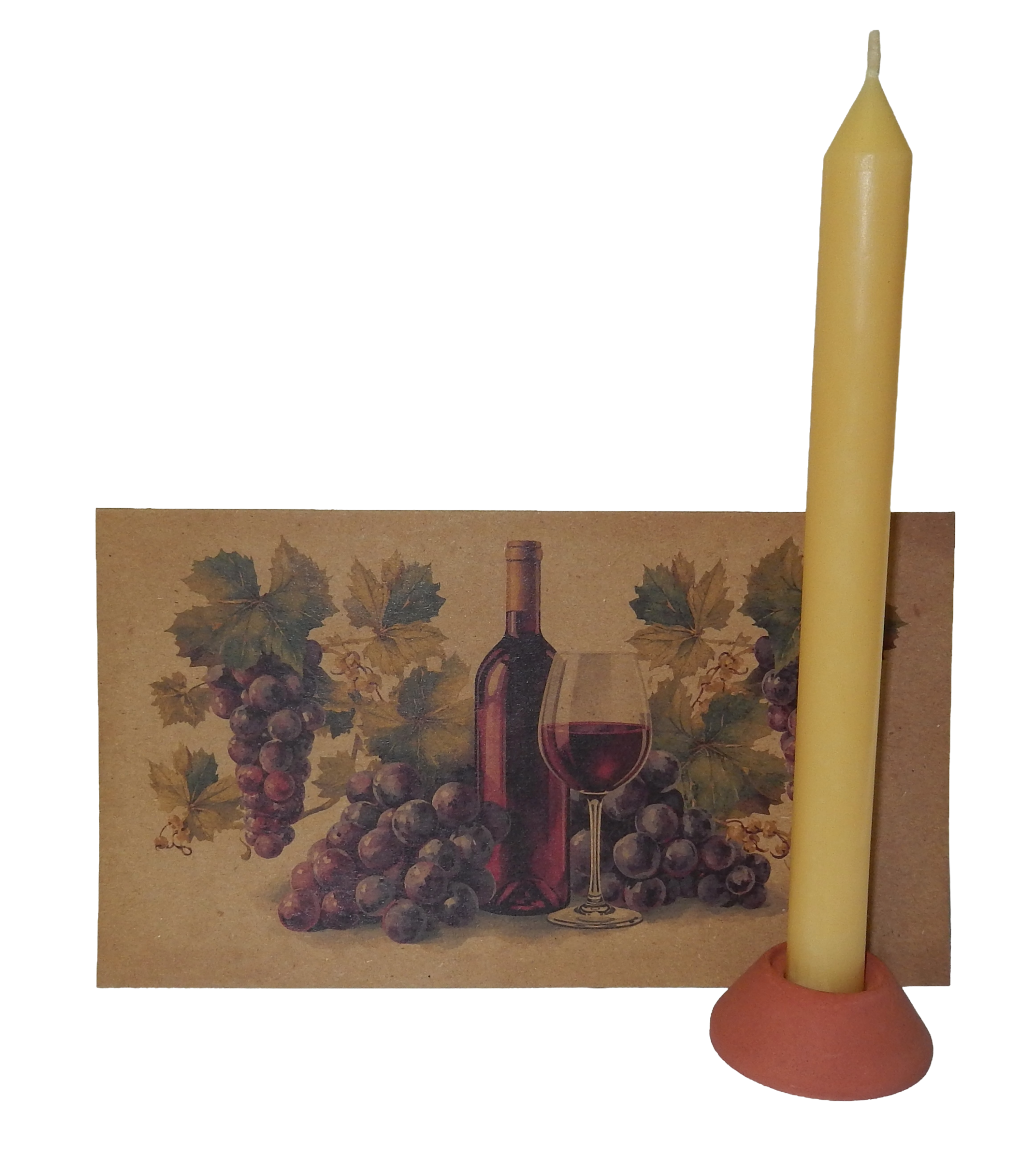 Wärme-Geschenkbox – Bienenkerze, Halter & Karte „Wein und Trauben"