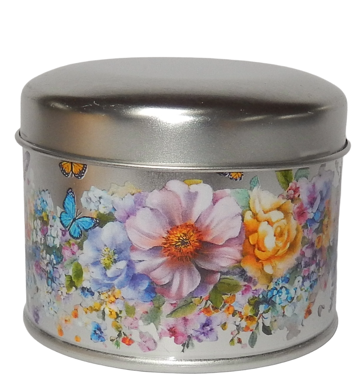 Bienenwachskerze in einer geschlossenen Dose mit Blumenmotiv