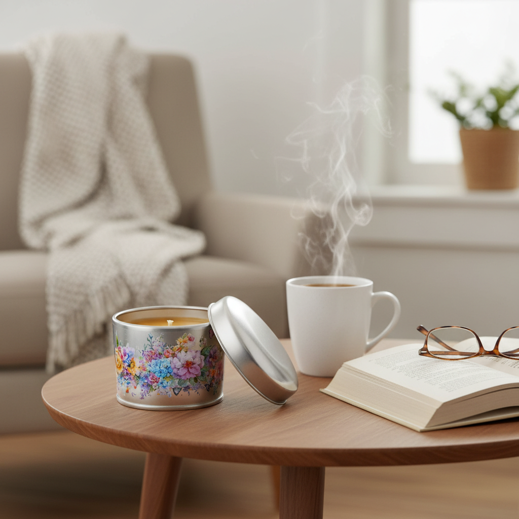 Brennende Bienenwachskerze in einer Dose mit Blumenmotiv neben Tasse und Buch