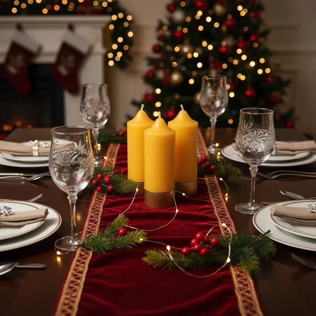 Vier Bienenwachskerzen in goldfarbenen Haltern auf einer weihnachtlich gedeckten Tafel